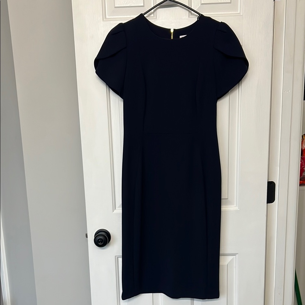 Calvin Klein Navy Sheath Midi Dress with Flutter Sleeves